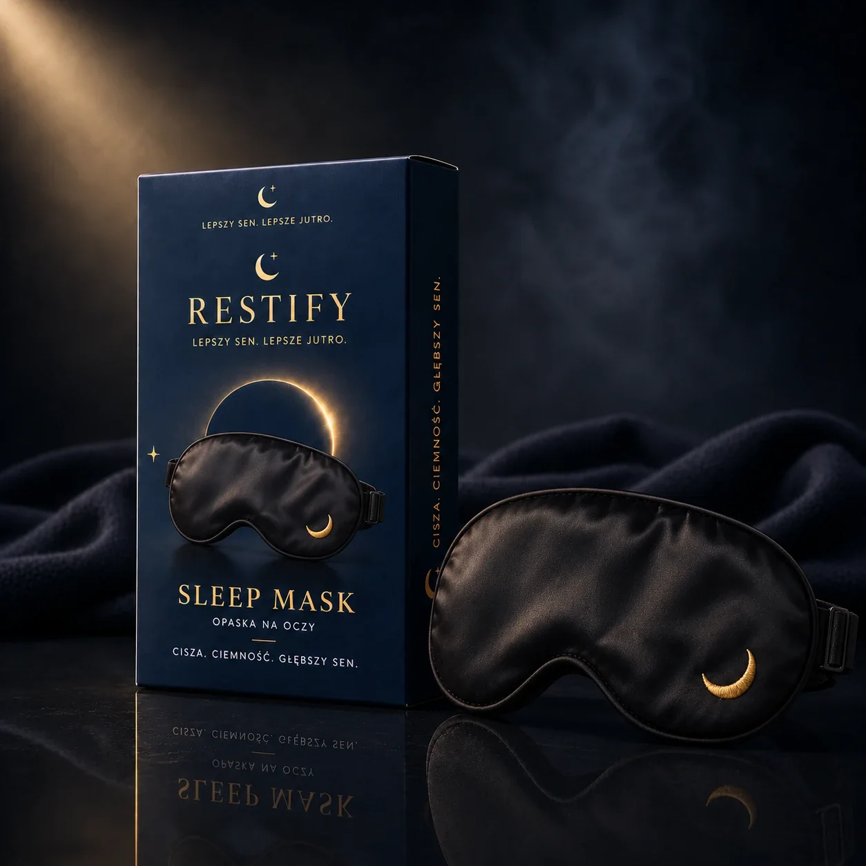 Granatowe pudełko RESTIFY Sleep Mask, obok czarna maska na oczy