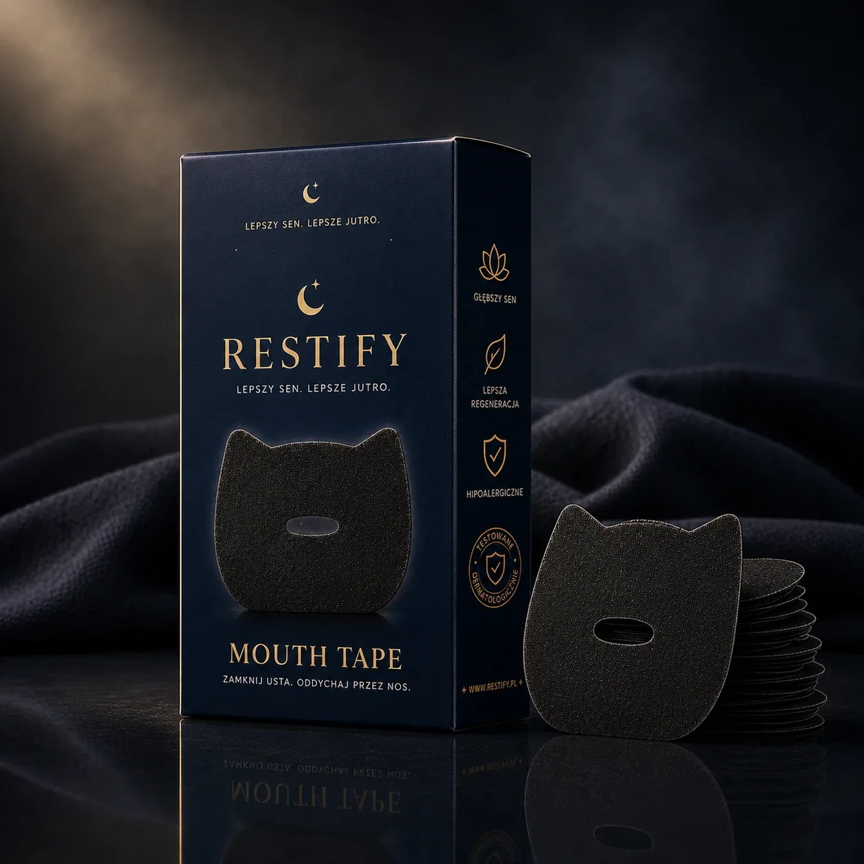 Granatowe pudełko RESTIFY Mouth Tape, obok czarne taśmy na usta