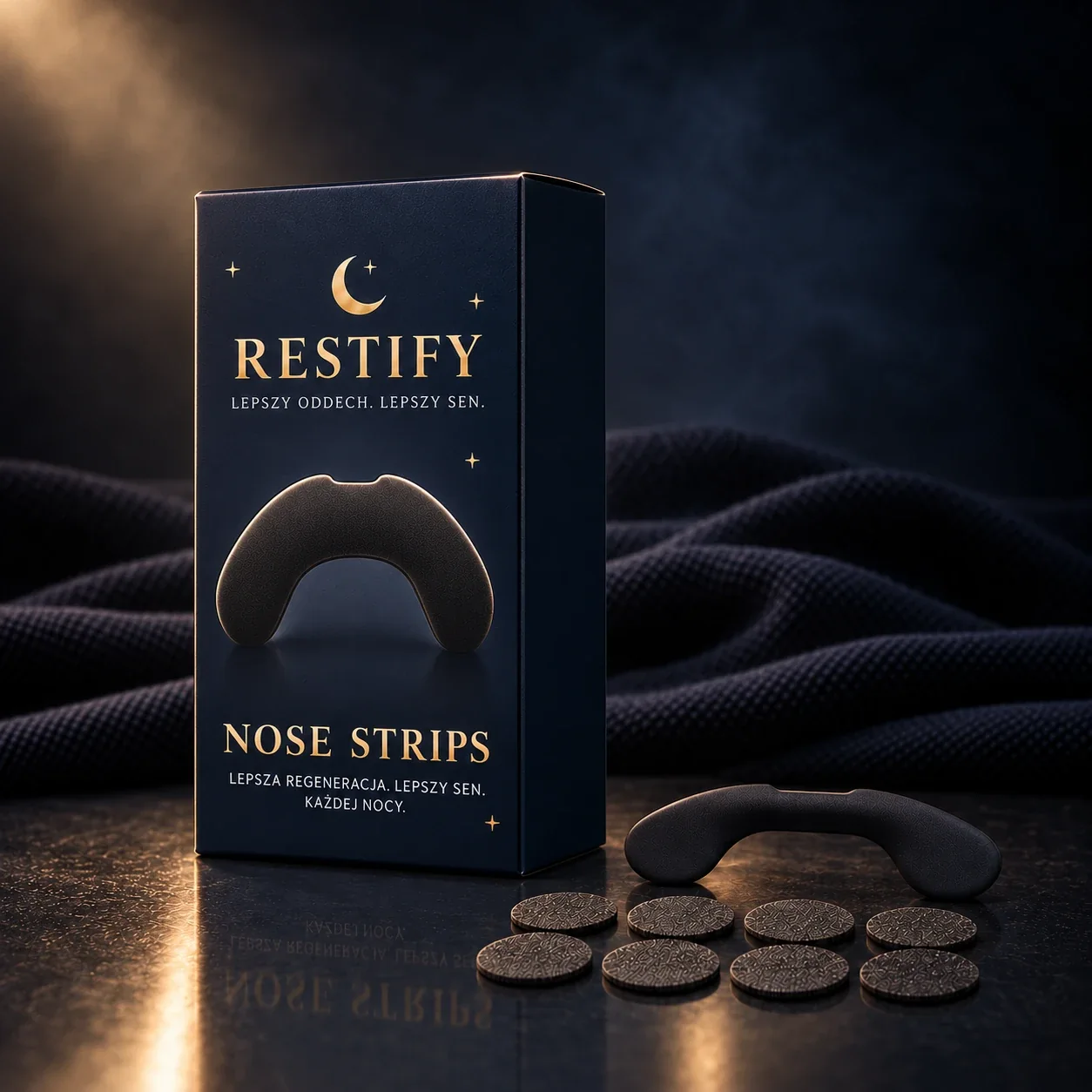 Granatowe pudełko RESTIFY Nose Strips, obok magnetyczny pasek na nos i plastry mocujące